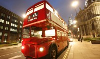 Iconic Routemaster Bus at dusk