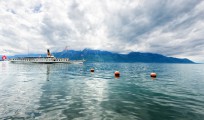 Panorama of Geneva lake with steamboat, Montreux